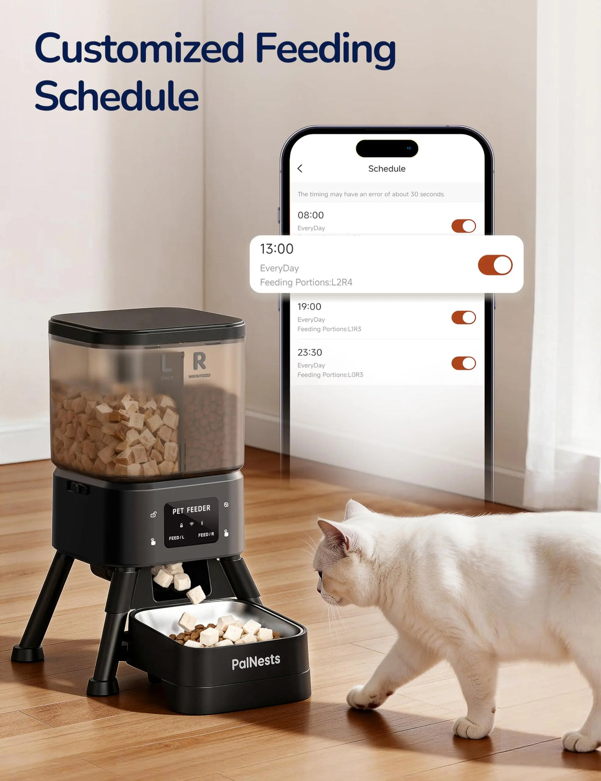 Palnests Dual-Cavity Smart Automatic Feeder - 4L Dry Food Dispenser with Stainless Steel Bowls, 2-Hopper Separation, 2.4Ghz & 5Ghz Wifi Sync, Airtight Fresh Lock, App Control, Timed Feed, Dual Power Backup, Low Food Alerts for Cats & Small/Medium Dogs