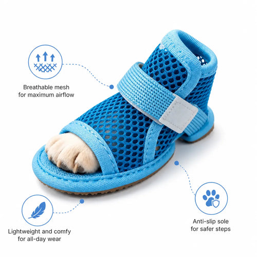 4 Counts Breathable Mesh Dog Shoes, Anti-Slip Adjustable Strap Lightweight Pet Paw Protectors for Summer Daily Outdoor Walking Puppy Shoes Supplies