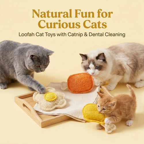 3-Pack Natural Loofah Food Shapes Pet Chew Toys (Chicken Leg, Drumstick, Egg) - Catnip & Silvervine, Antibacterial Molar Cleaning, Anxiety Relief, Chew Scratcher, Non-Toxic Biodegradable, Universal Fit for Cats & Dogs