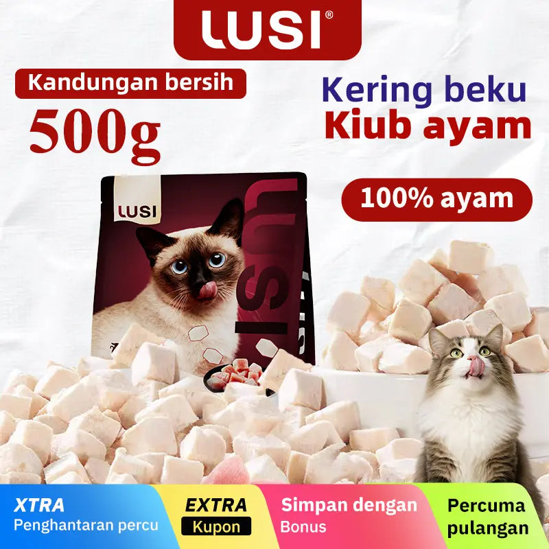 Lusi Premium Natural Dry Cat Food & Treat, High-Quality Freeze-Dried Chicken Chunks - 17.64 Oz Chunked Form, Supports Feline Feeding & Nutrition for All Cat Ages, Dry Food