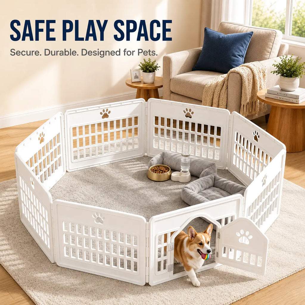 Sweetcrispy S Plastic Panel Dog Playpen - Pet Enclosure with Multiple Panel Sets, Tool-Free Setup, Custom Configuration, Flexible Shape, Secure Latch, Secure Door Closure