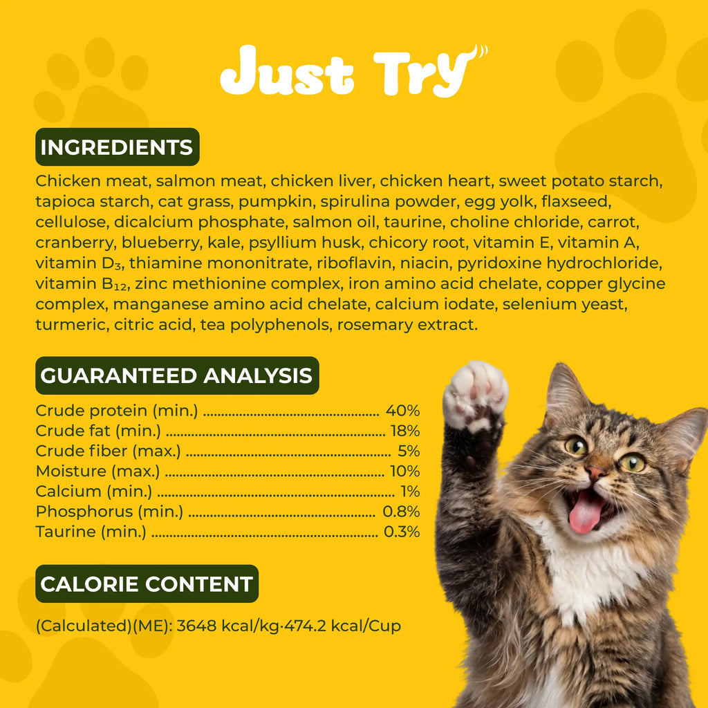 JUST TRY Hairball Formula Dry Cat Food, 40% Protein, Chicken & Salmon Flavor, Hairball Control, Digestive Health Support, with Cat Grass, Pumpkin, Taurine, Psyllium Husk & Cranberry, Grain Free Cat Food, 5Lb. #Sohochic