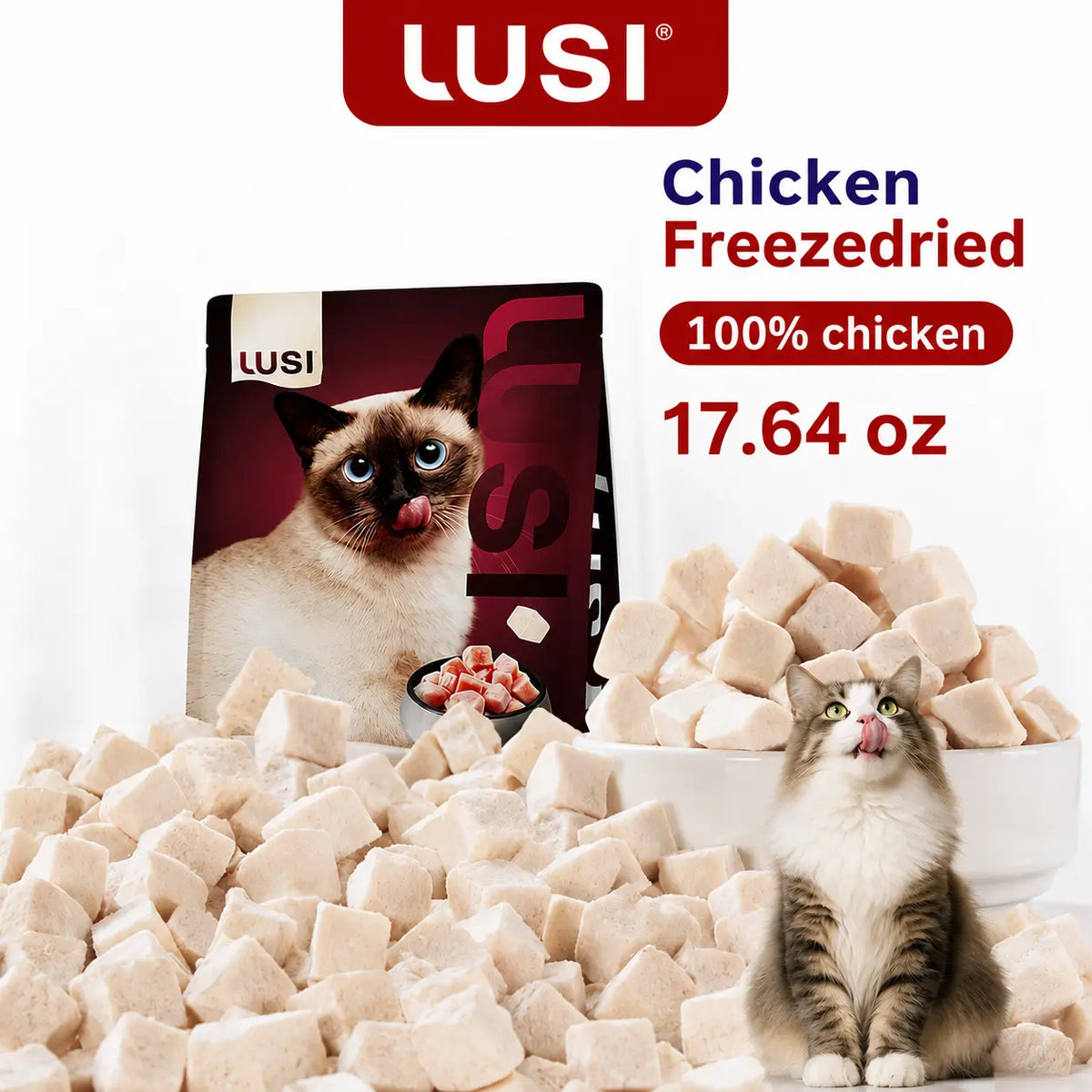 Lusi Premium Natural Dry Cat Food & Treat, High-Quality Freeze-Dried Chicken Chunks - 17.64 Oz Chunked Form, Supports Feline Feeding & Nutrition for All Cat Ages, Dry Food