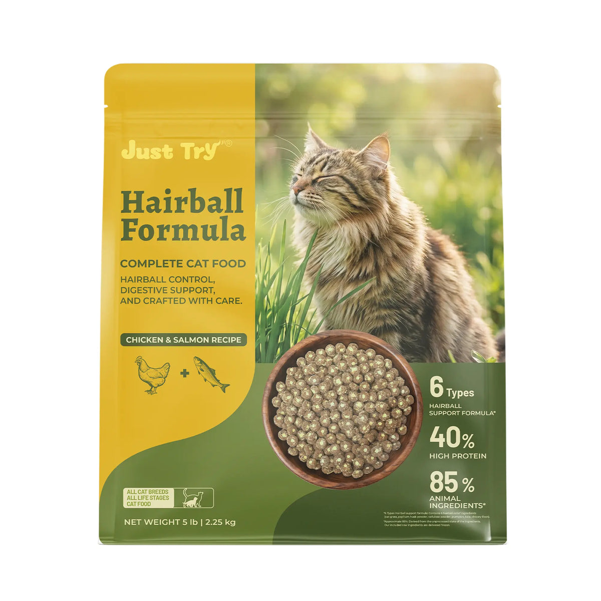 JUST TRY Hairball Formula Dry Cat Food, 40% Protein, Chicken & Salmon Flavor, Hairball Control, Digestive Health Support, with Cat Grass, Pumpkin, Taurine, Psyllium Husk & Cranberry, Grain Free Cat Food, 5Lb. #Sohochic