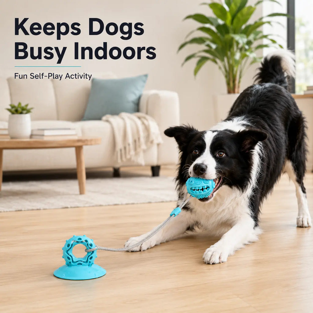 Interactive Dog Chew Toy with Suction Cup, Treat Dispensing Tug Toy for Bored Dogs, Durable TPR Teeth Cleaning Ball with Rope, Puzzle Feeder & Enrichment Toy for Puppies and Small Medium Dogs, Indoor Self-Play Training Toy